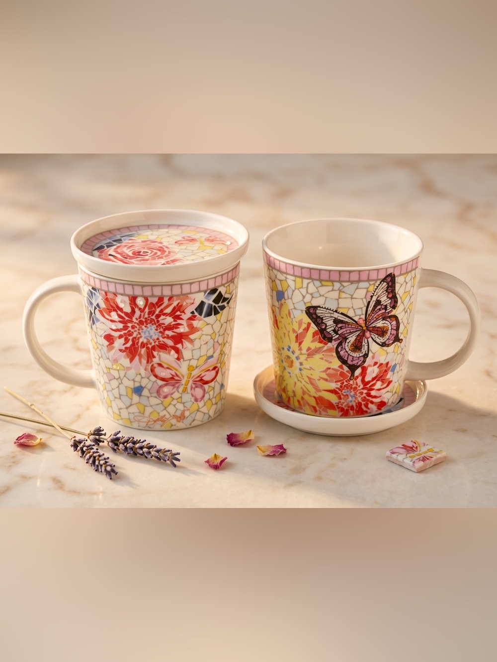 Dolly Parton Butterfly Floral Jeweled Mosaic Covered Lid Mug Set of 2 NIB